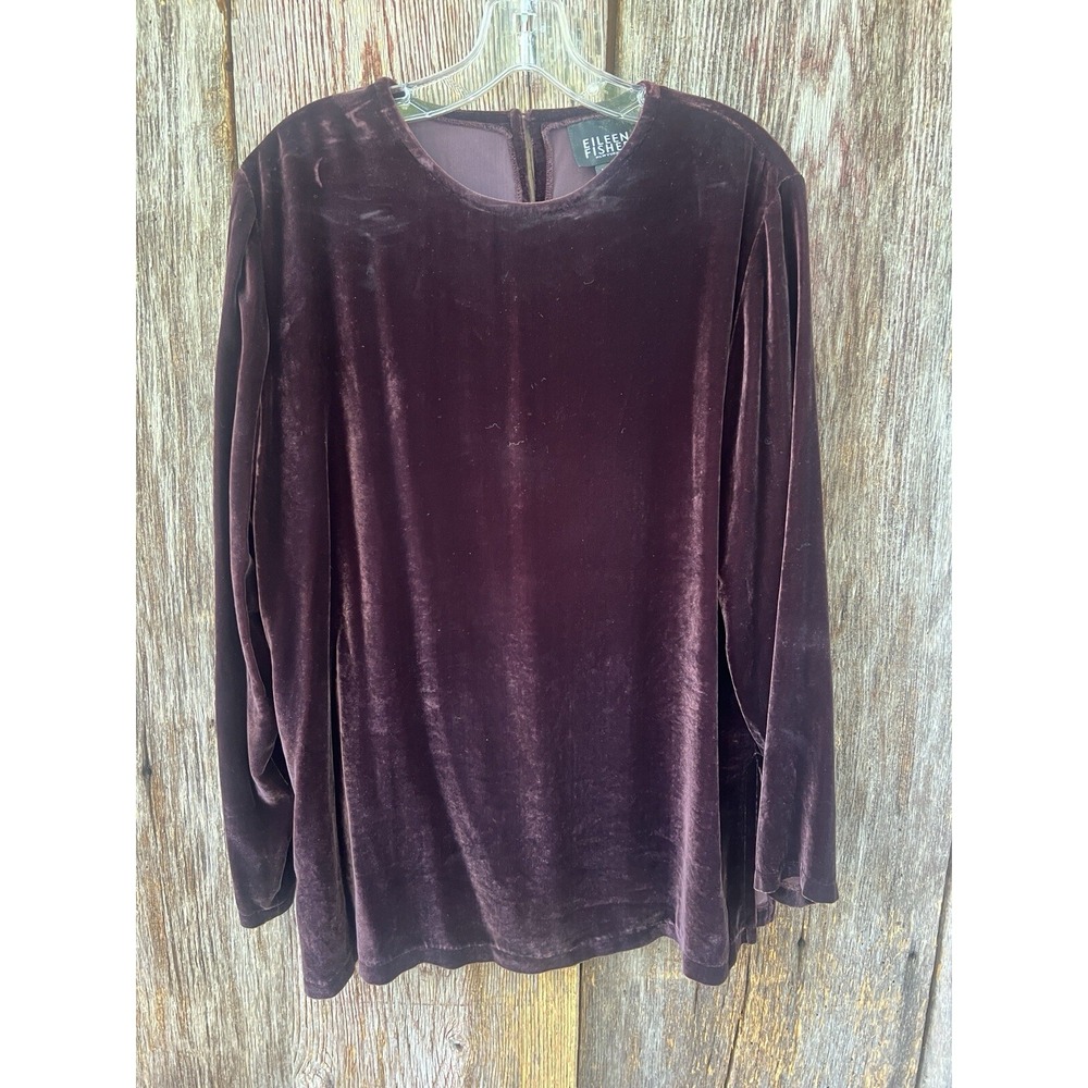 Eileen Fisher Women's Size L Velvet Velour Silk‎ Blend Long Sleeve Top Brown